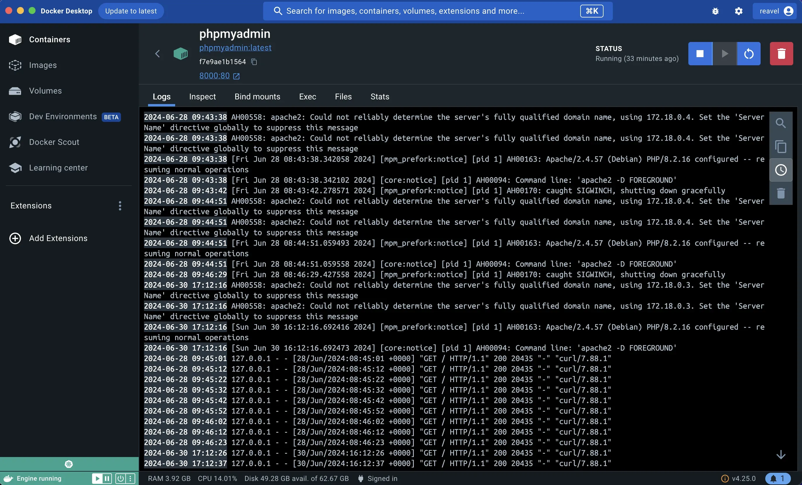 Docker container logs in Docker Desktop