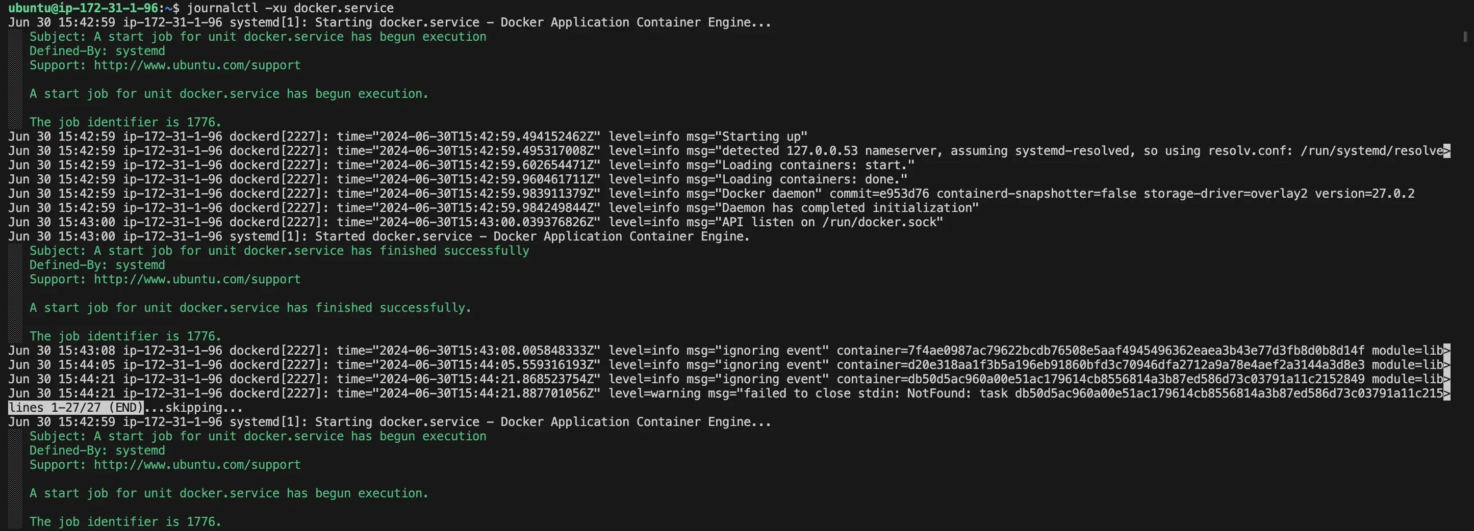 Docker daemon logs via journalctl